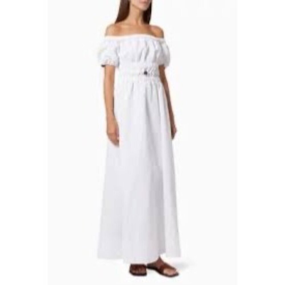 New Staud Vine Off-Shoulder White Maxi Dress With Puff Sleeves & Tortoise Shell